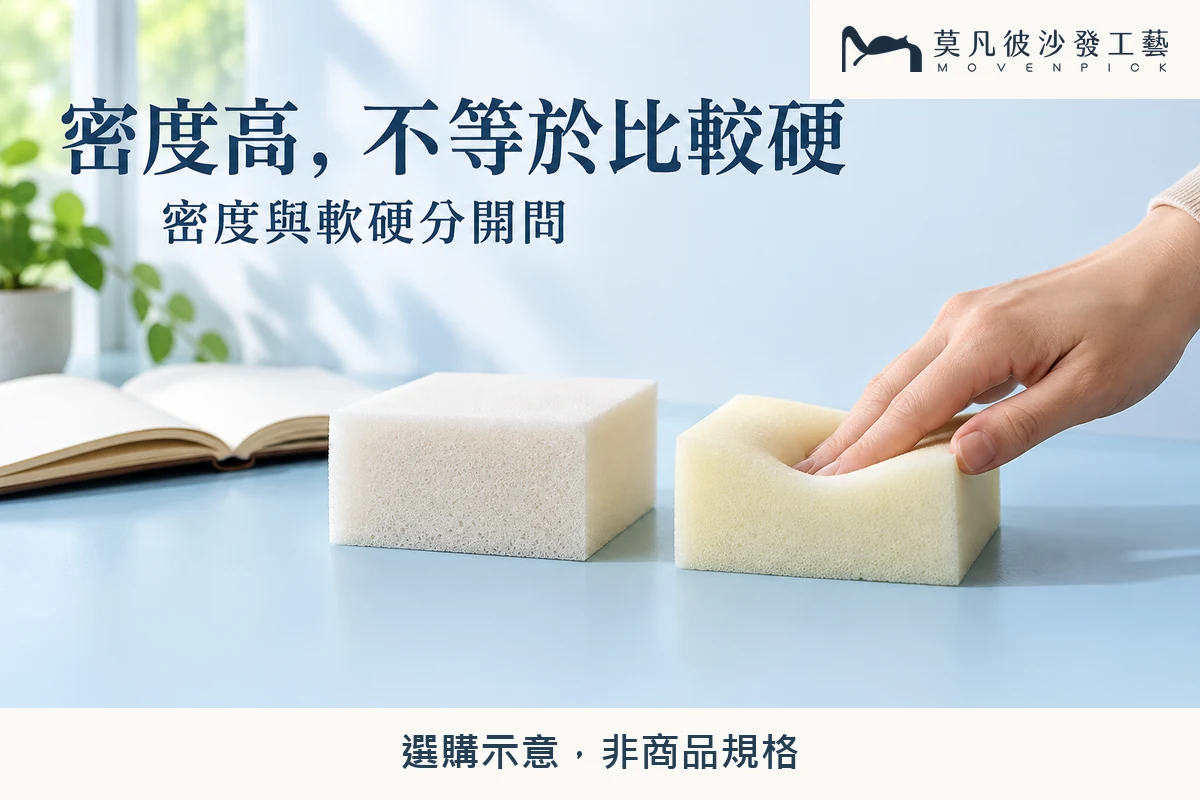 手按壓一般泡棉樣本,說明密度與軟硬應分開詢問。一般選購示意,非商品實拍或實測。
