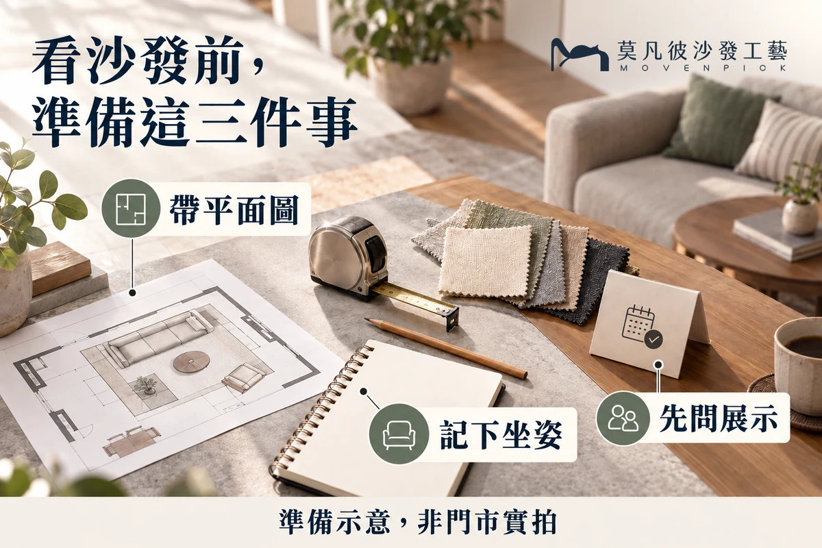 平面圖、坐姿筆記與展示確認卡的選購準備示意,非門市實拍。