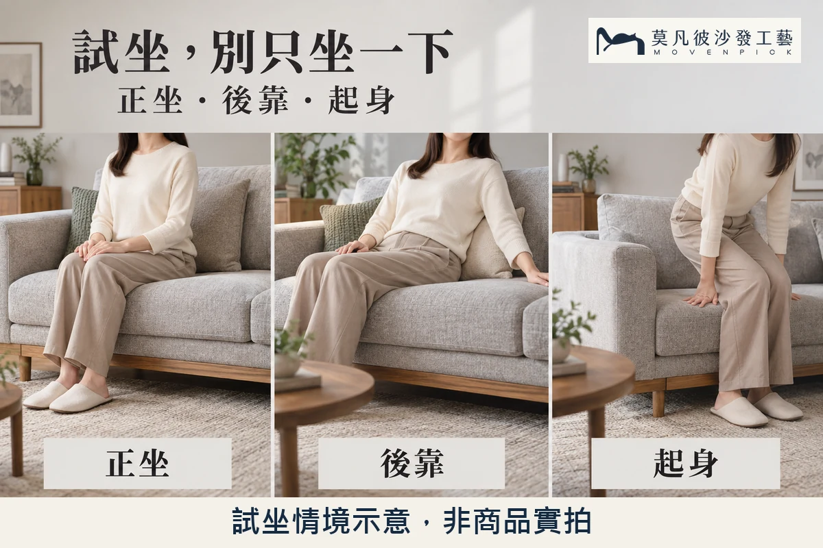 三幅試坐情境依序展示正坐、後靠與起身;為一般沙發示意,非莫凡彼商品實拍。